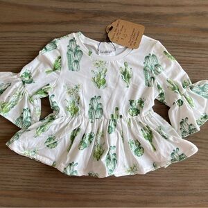 Cactus Print Kids Bell Sleeve Top - White and Green